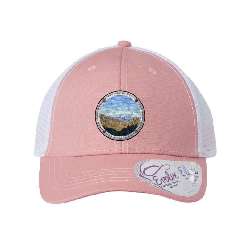 Great Smoky Mountains National Park patch hat in Dusty Rose/White — layered blue ridges badge on an Infinity Charlie ponytail cap