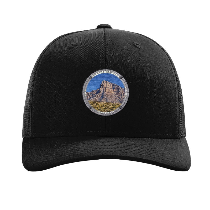Guadalupe Mountains National Park patch hat in Black — El Capitan limestone prow badge on a Richardson 112 trucker cap