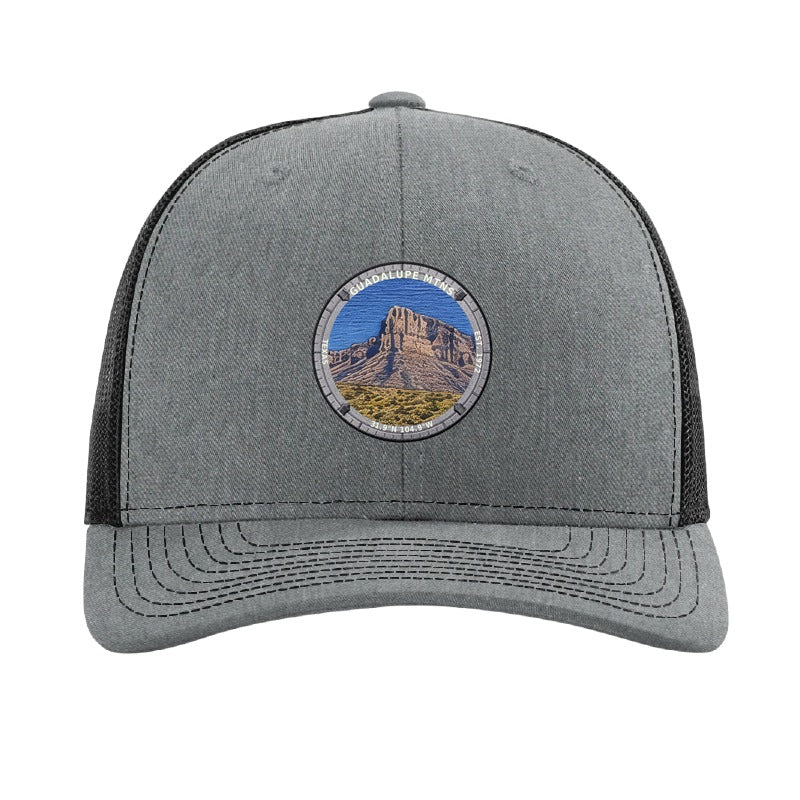 Guadalupe Mountains National Park patch hat in Heather Grey/Black — El Capitan limestone prow badge on a Richardson 112 trucker cap