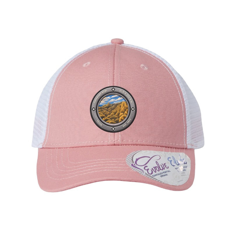 Guadalupe Mtns National Park patch hat — Dusty Rose/White (Ponytail)