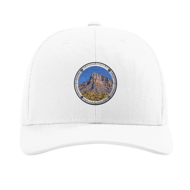 Guadalupe Mountains National Park patch hat in White — El Capitan limestone prow badge on a Richardson 112 trucker cap