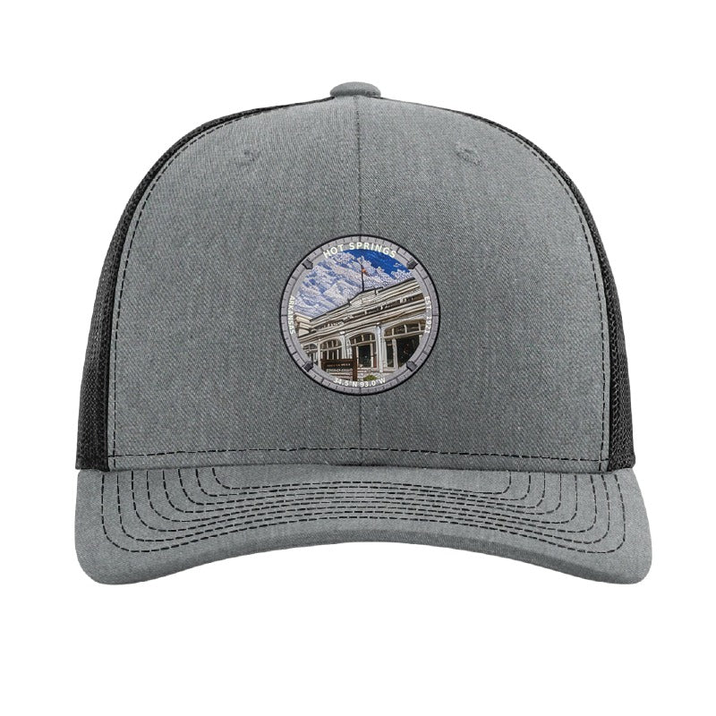 Hot Springs National Park patch hat in Heather Grey/Black — Bathhouse Row badge on a Richardson 112 trucker cap