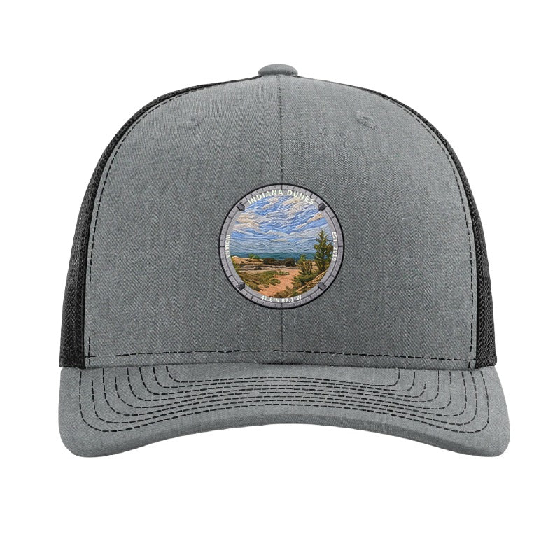 Indiana Dunes National Park patch hat in Heather Grey/Black — Lake Michigan dune shoreline badge on a Richardson 112 trucker cap