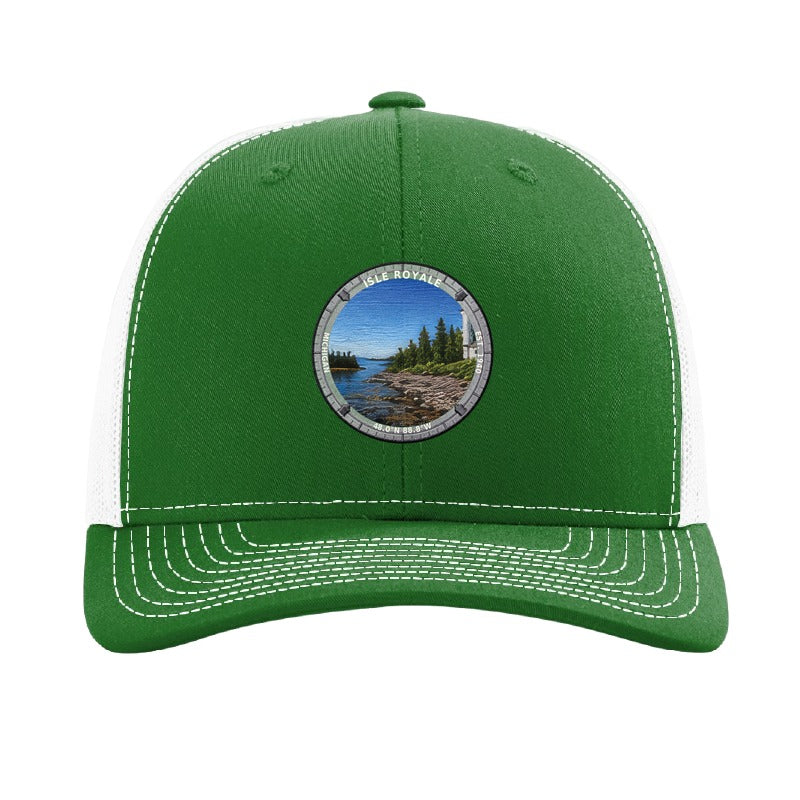 Isle Royale National Park patch hat in Kelly Green/White — Rock Harbor Lighthouse badge on a Richardson 112 trucker cap