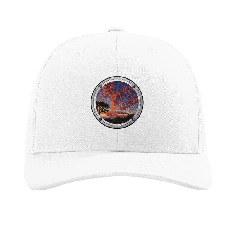 Joshua Tree National Park patch hat in White — Joshua tree at sunset badge on a Richardson 112 trucker cap