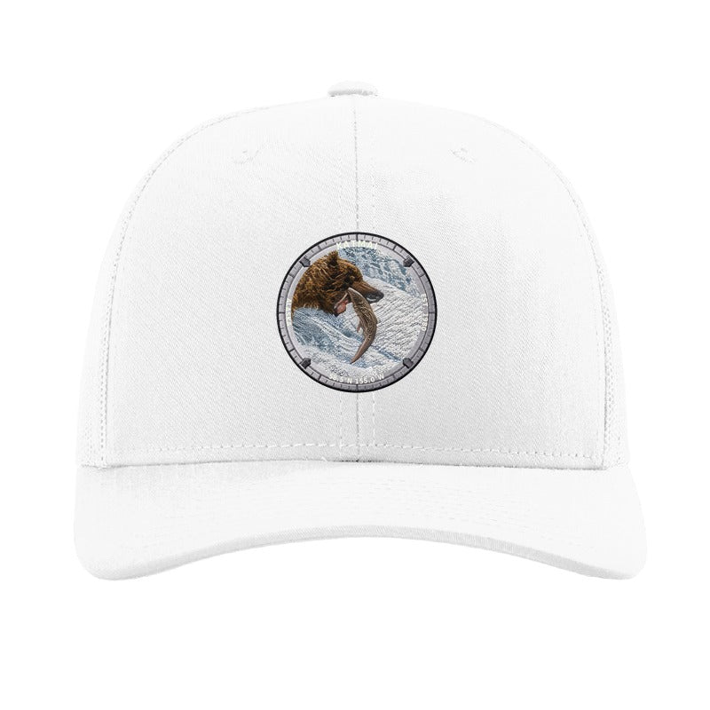 Katmai National Park patch hat in White — brown bear catching salmon at Brooks Falls badge on a Richardson 112 trucker cap