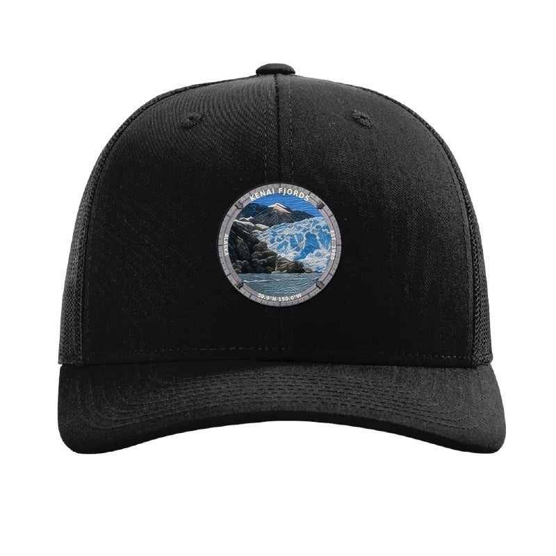 Kenai Fjords National Park patch hat in Black — calving glacier badge on a Richardson 112 trucker cap