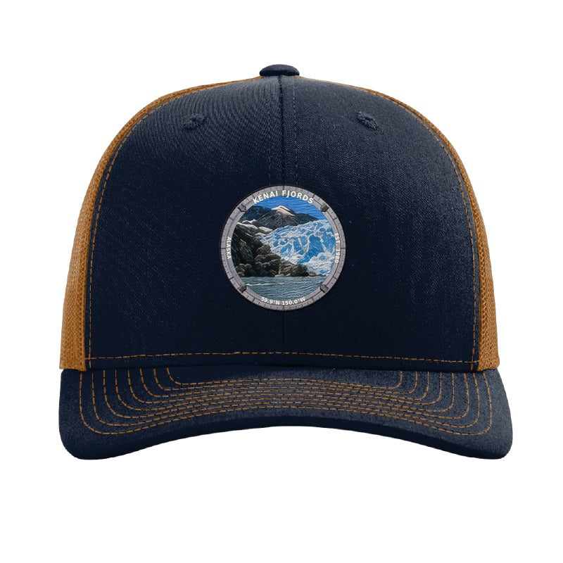 Kenai Fjords National Park patch hat in Navy/Caramel — calving glacier badge on a Richardson 112 trucker cap