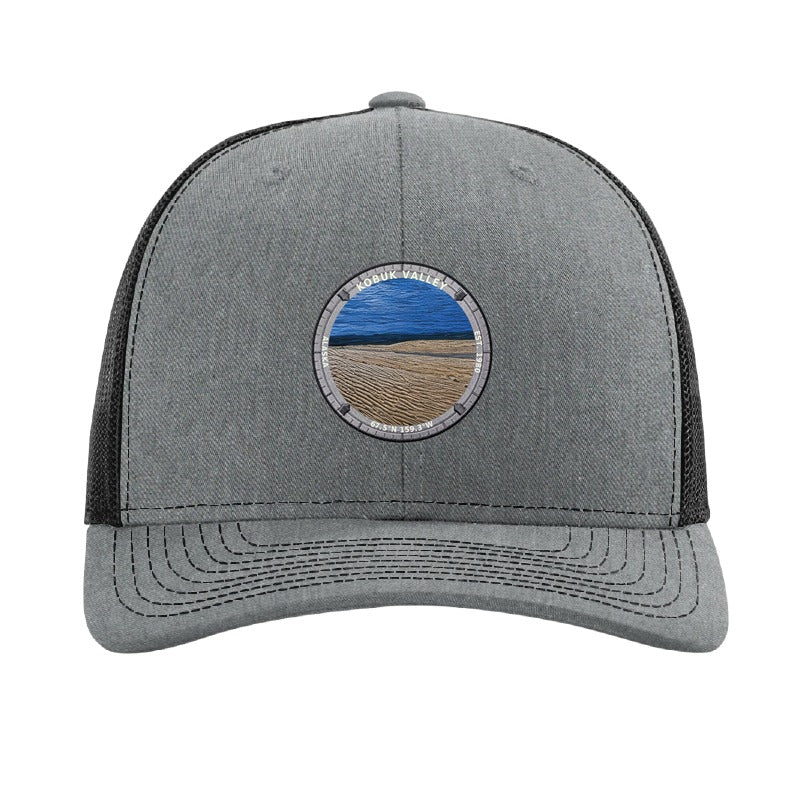 Kobuk Valley National Park patch hat in Heather Grey/Black — Great Kobuk Sand Dunes badge on a Richardson 112 trucker cap