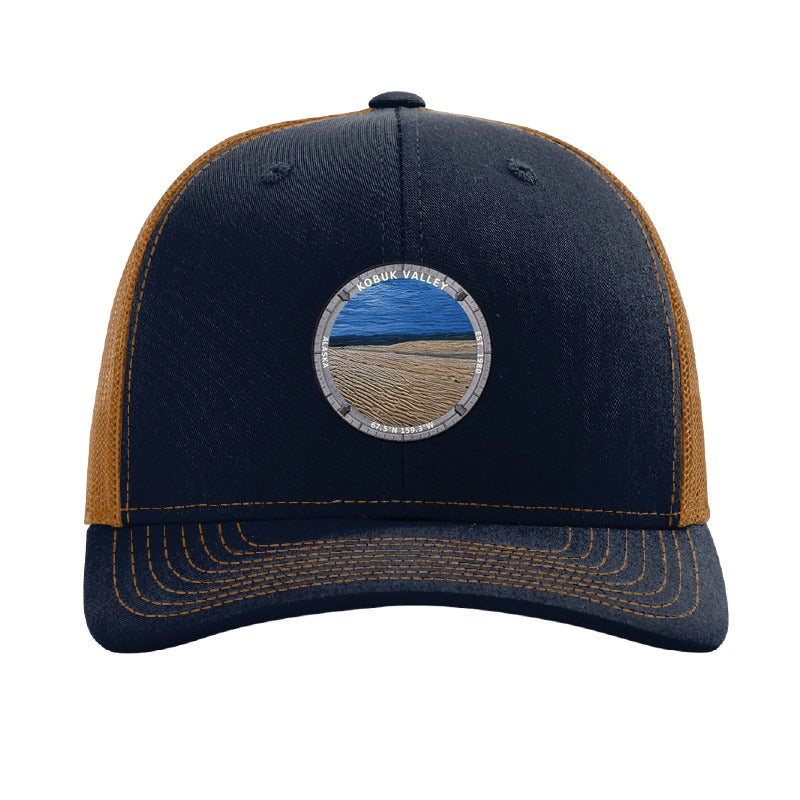 Kobuk Valley National Park patch hat in Navy/Caramel — Great Kobuk Sand Dunes badge on a Richardson 112 trucker cap