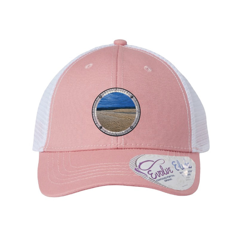 Kobuk Valley National Park patch hat in Dusty Rose/White — Great Kobuk Sand Dunes badge on an Infinity Charlie ponytail cap