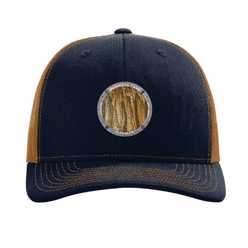 Mammoth Cave National Park patch hat in Navy/Caramel — cave flowstone formations badge on a Richardson 112 trucker cap