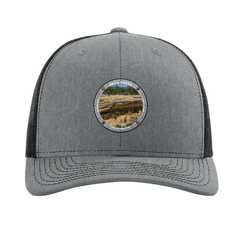 Mesa Verde National Park patch hat in Heather Grey/Black — Cliff Palace badge on a Richardson 112 trucker cap