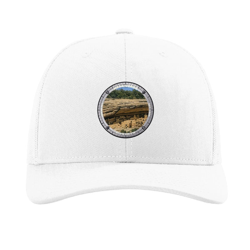 Mesa Verde National Park patch hat in White — Cliff Palace badge on a Richardson 112 trucker cap