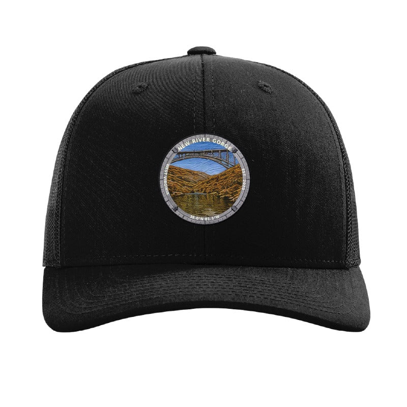New River Gorge National Park patch hat in Black — New River Gorge Bridge badge on a Richardson 112 trucker cap