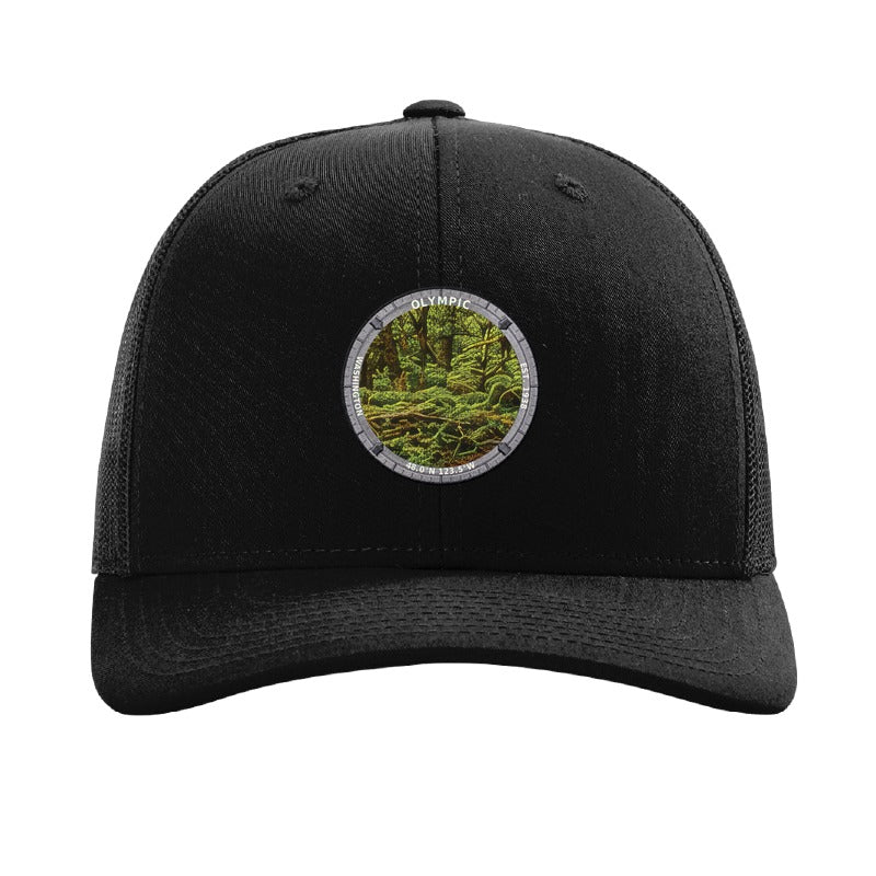 Olympic National Park patch hat in Black — Hoh Rain Forest badge on a Richardson 112 trucker cap