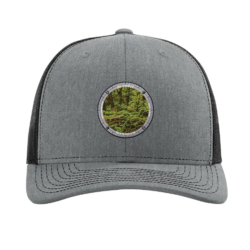 Olympic National Park patch hat in Heather Grey/Black — Hoh Rain Forest badge on a Richardson 112 trucker cap
