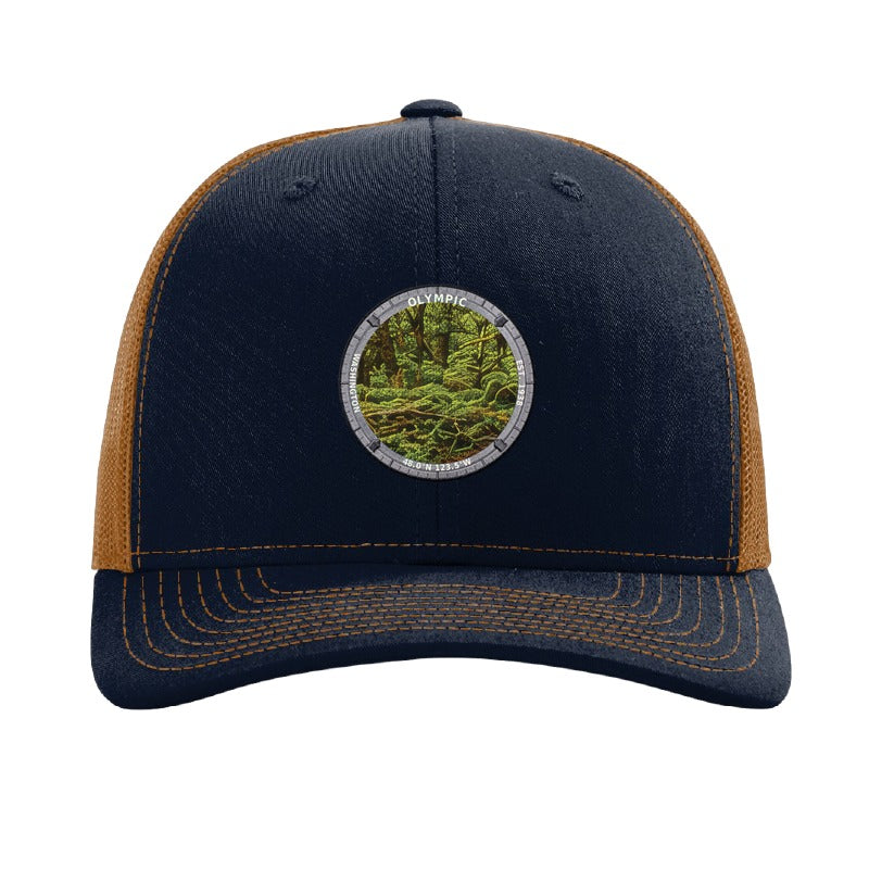 Olympic National Park patch hat in Navy/Caramel — Hoh Rain Forest badge on a Richardson 112 trucker cap
