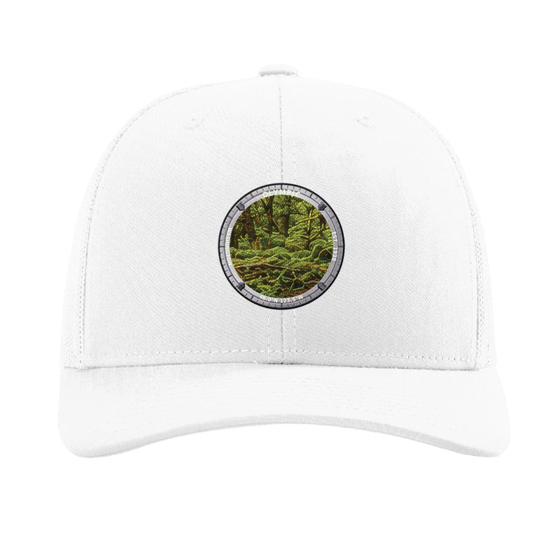 Olympic National Park patch hat in White — Hoh Rain Forest badge on a Richardson 112 trucker cap