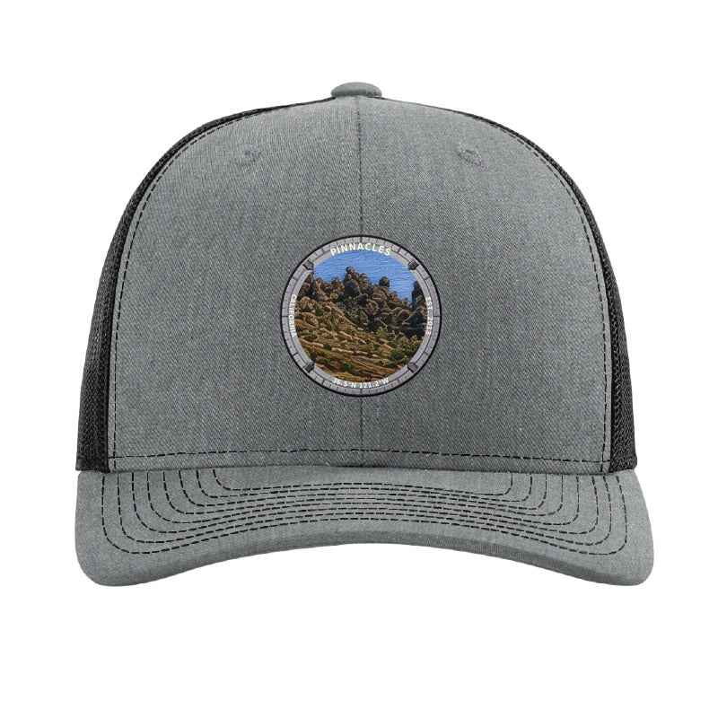 Pinnacles National Park patch hat in Heather Grey/Black — volcanic rock spires badge on a Richardson 112 trucker cap