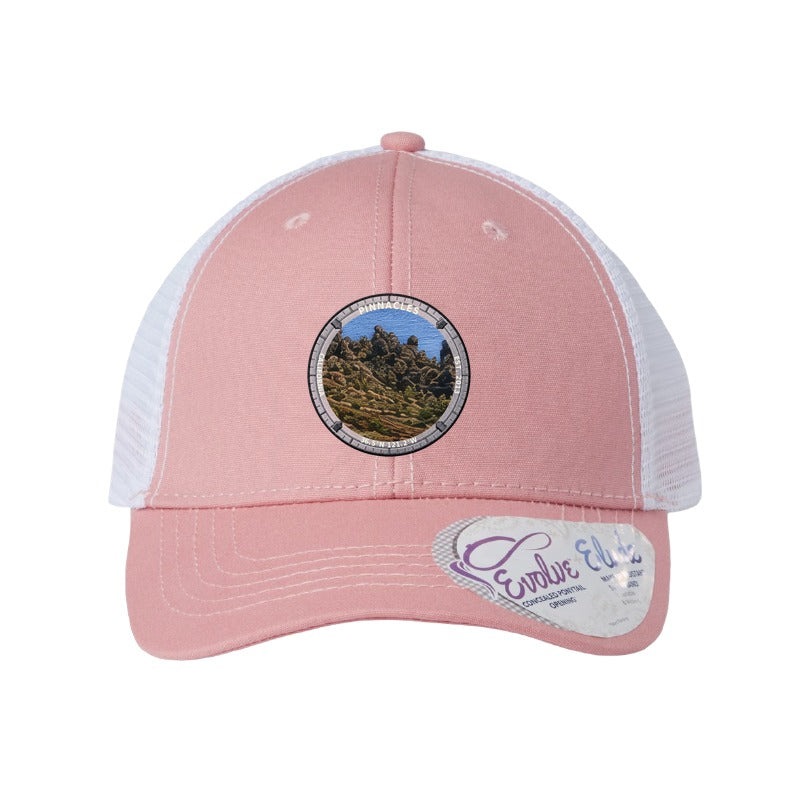 Pinnacles National Park patch hat in Dusty Rose/White — volcanic rock spires badge on an Infinity Charlie ponytail cap