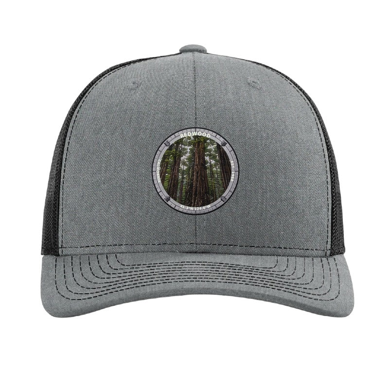 Redwood National Park patch hat in Heather Grey/Black — coast redwood grove badge on a Richardson 112 trucker cap