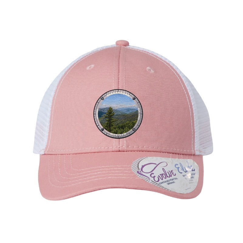 Shenandoah National Park patch hat in Dusty Rose/White — Blue Ridge from Skyline Drive badge on an Infinity Charlie ponytail cap