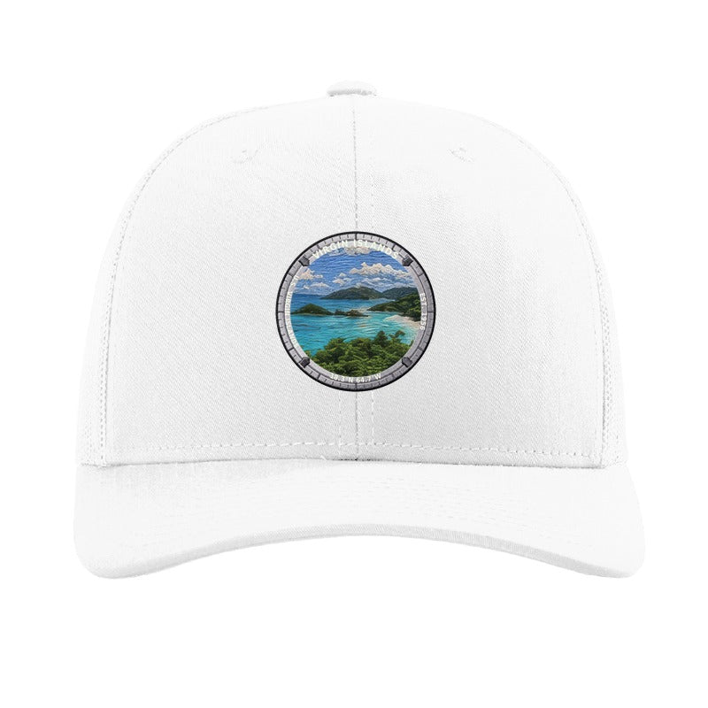 Virgin Islands National Park patch hat in White — Trunk Bay beach and reef badge on a Richardson 112 trucker cap