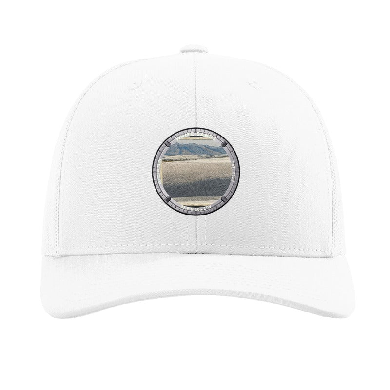 White Sands National Park patch hat in White — white gypsum dunes badge on a Richardson 112 trucker cap