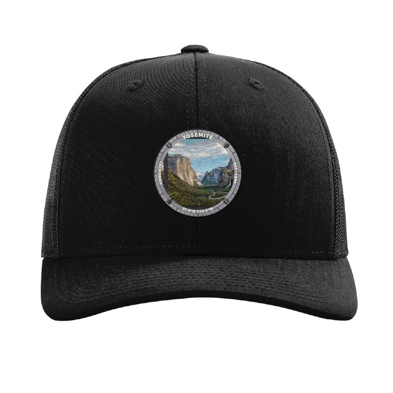 Yosemite National Park patch hat in Black — Tunnel View with El Capitan and Half Dome badge on a Richardson 112 trucker cap
