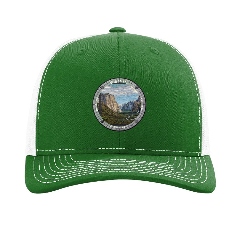 Yosemite National Park patch hat in Kelly Green/White — Tunnel View with El Capitan and Half Dome badge on a Richardson 112 trucker cap