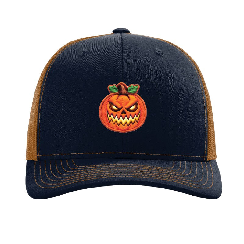Wicked Grin jack-o'-lantern patch hat — Navy/Caramel