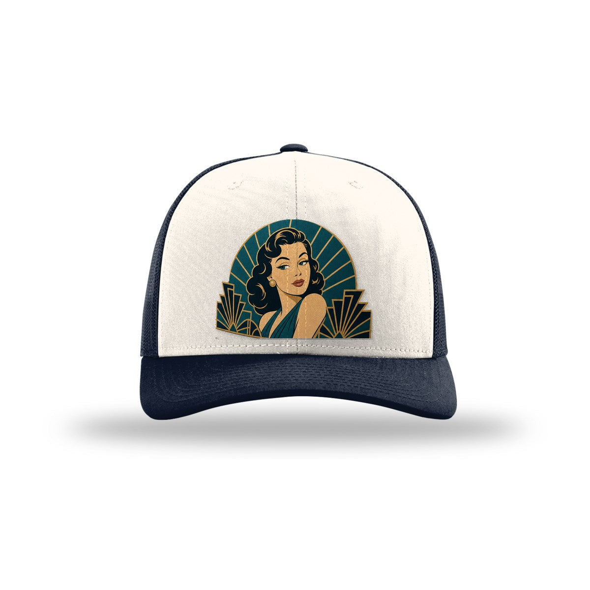 The Starlet art deco pin-up hat on a Richardson 112 trucker in Cream/Navy