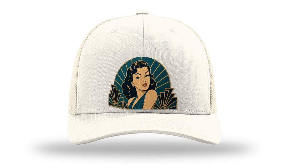 The Starlet art deco pin-up hat on a Richardson 112 trucker in Cream