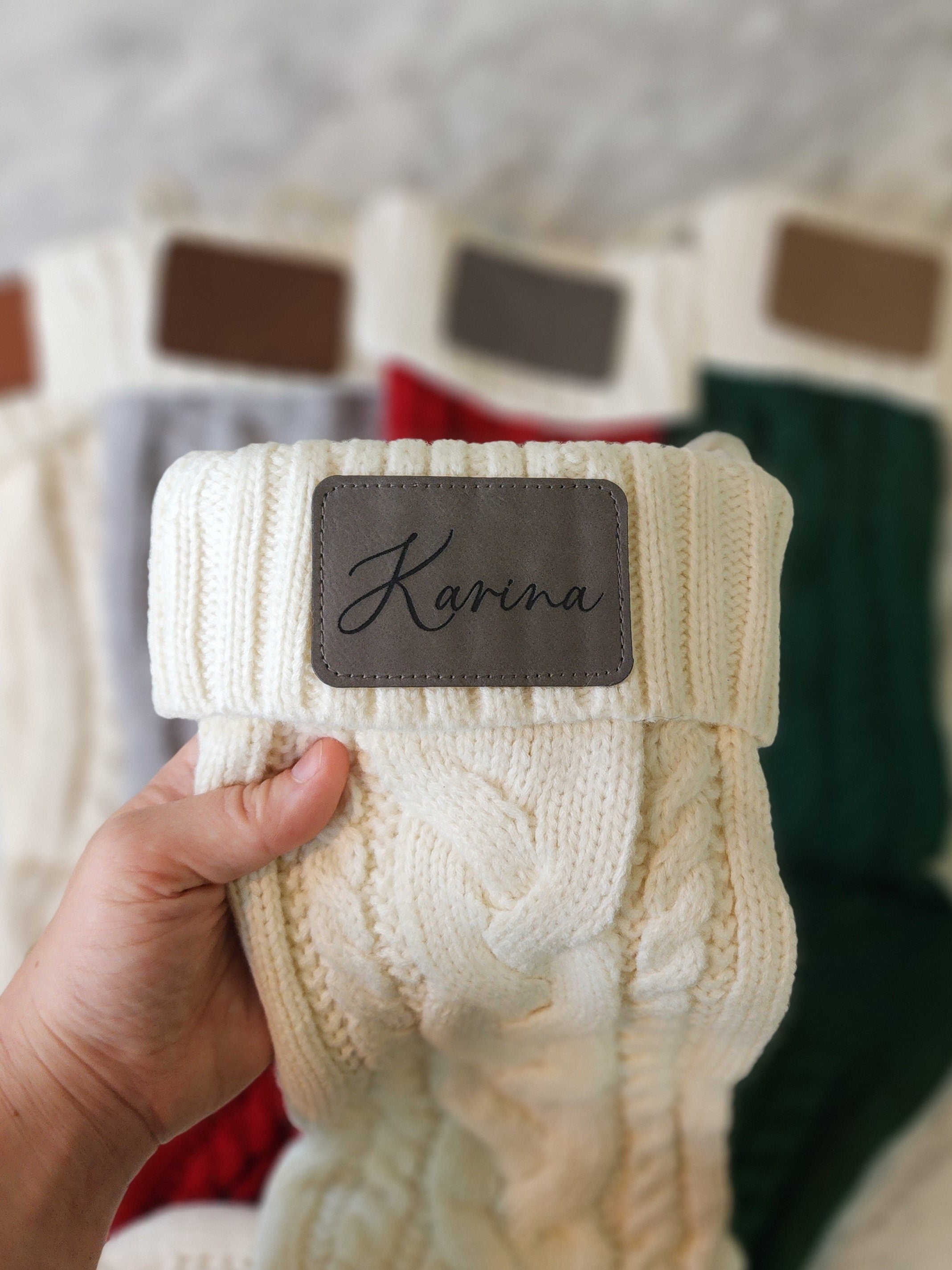 Knit Christmas Stocking with Personalized Leather Patch
