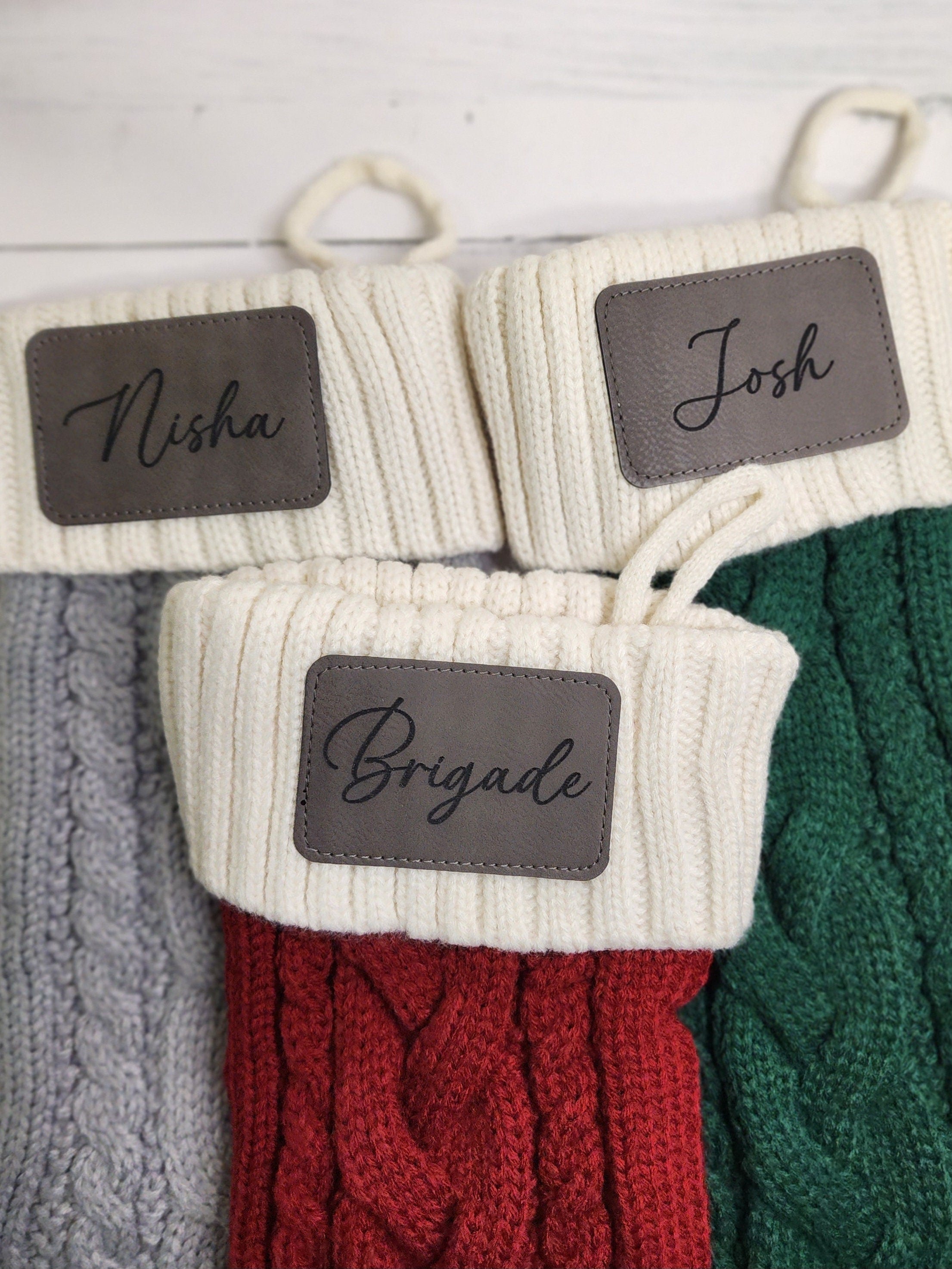 Knit Christmas Stocking with Personalized Leather Patch