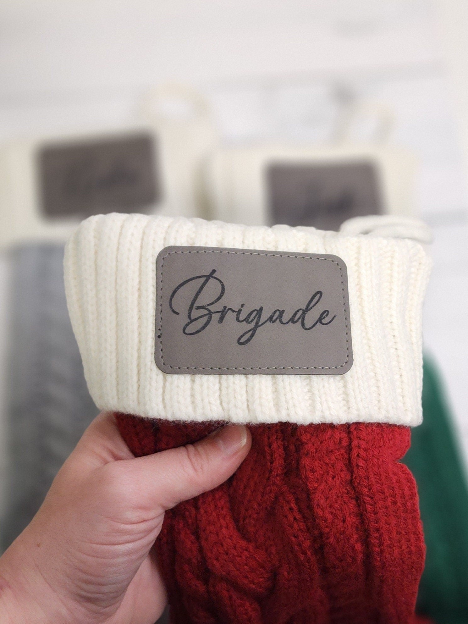 Knit Christmas Stocking with Personalized Leather Patch