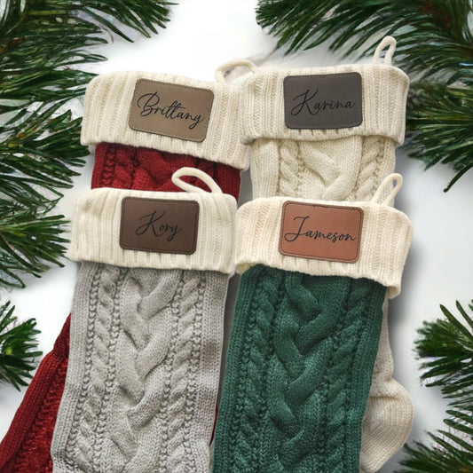 Knit Christmas Stocking with Personalized Leather Patch