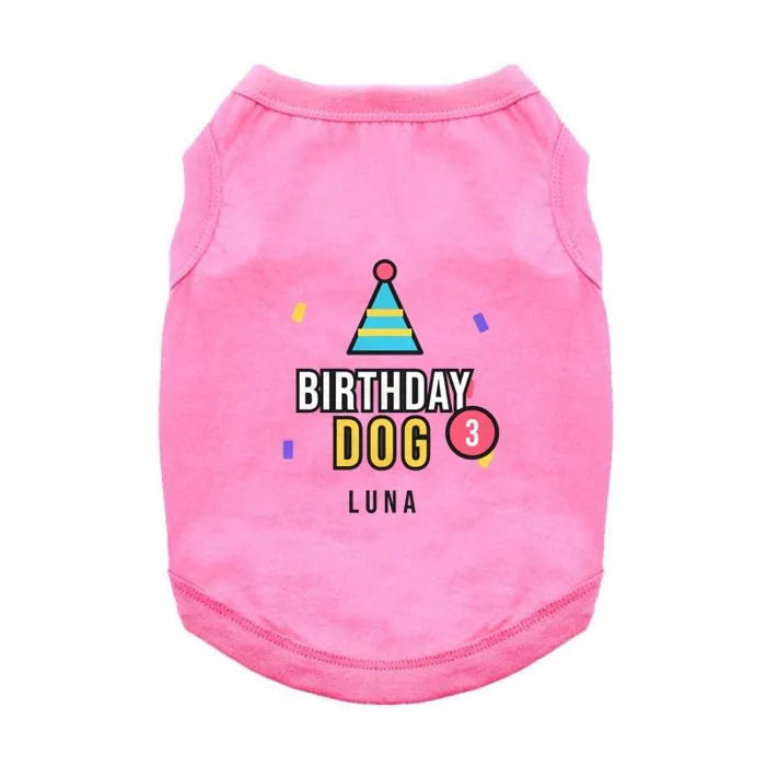 Pink dog shirt printed with the Birthday Dog design and the name Luna