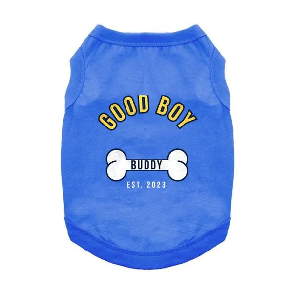 Blue dog shirt printed with the Good Boy design