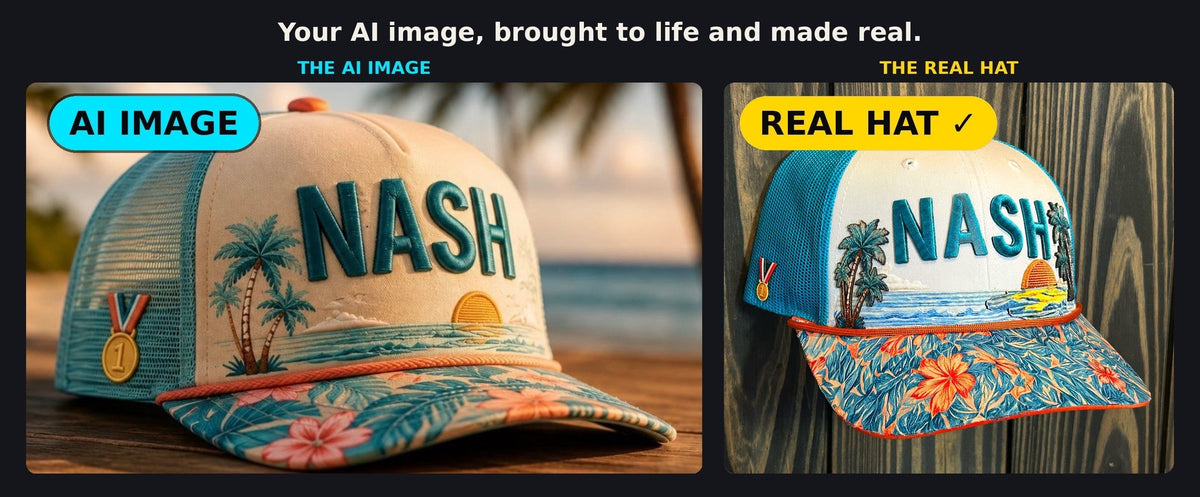 The NASH custom hat: the customer's AI image beside the real finished hat
