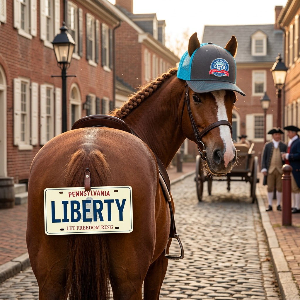 A chestnut horse on a 1776 cobblestone street wearing an America 250-Ohio trucker hat, with a Pennsylvania Let Freedom Ring license plate reading LIBERTY on its rump