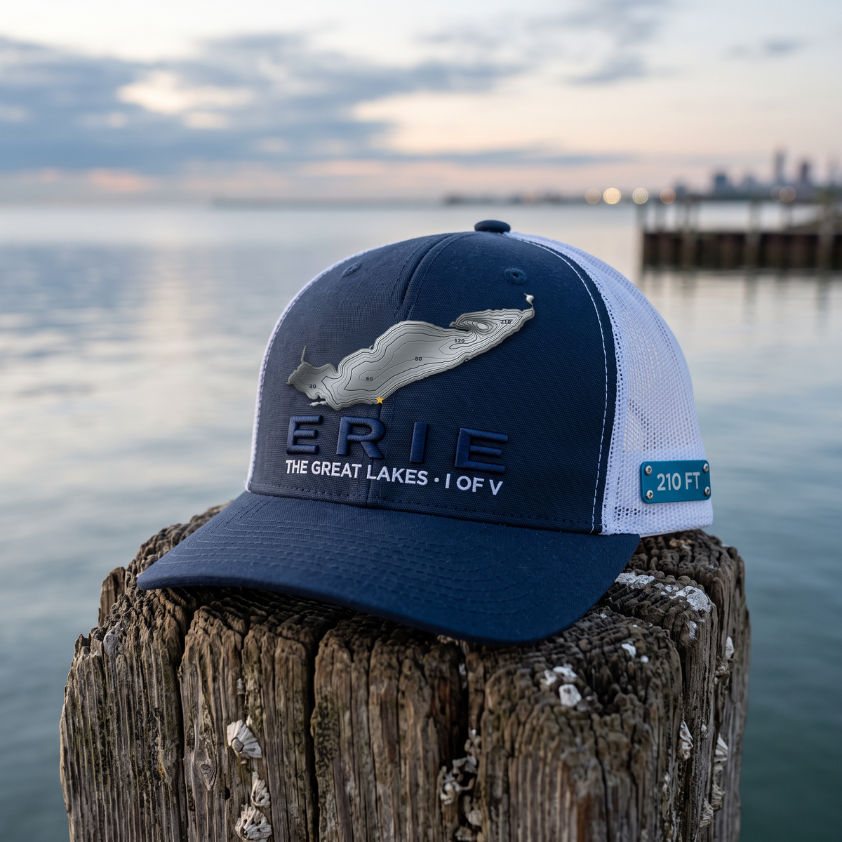 The ERIE hat, I of V in The Great Lakes Collector's Edition, with a stainless Lake Erie plate and a gold star on Cleveland.