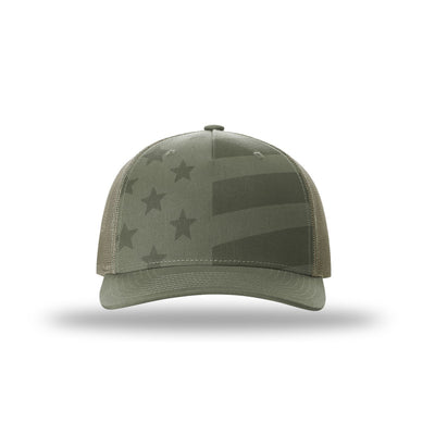 Richardson 112PFP printed five panel trucker hat, loden with tonal stars and stripes, front view