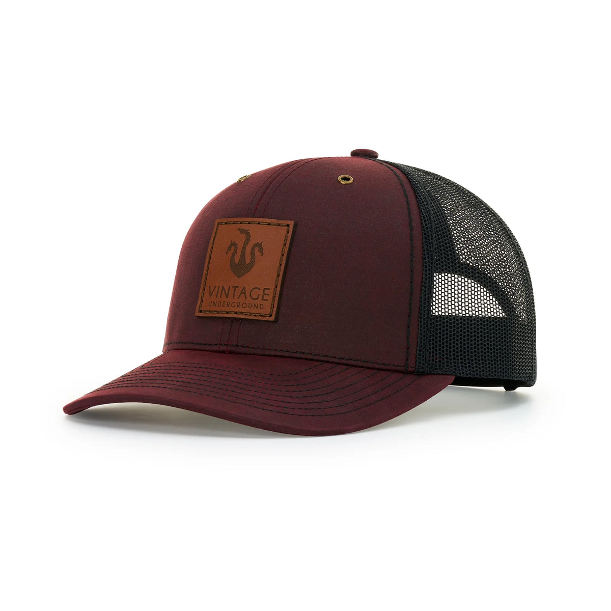 Richardson 112WF Fremont trucker hat in burgundy and black, coated twill front with mesh back