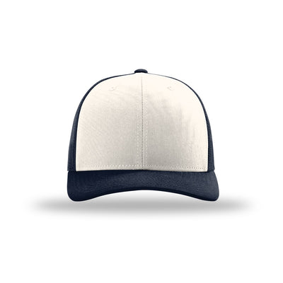 Richardson 112 trucker hat, cream with navy mesh, front view