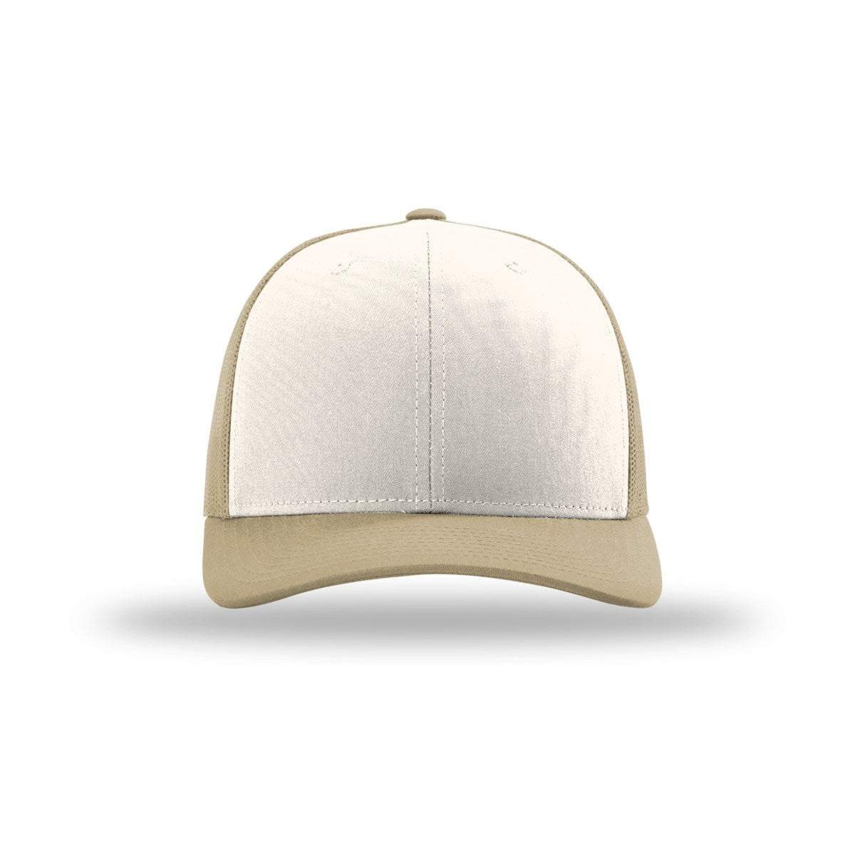 Richardson 112 trucker hat, cream with khaki mesh, front view