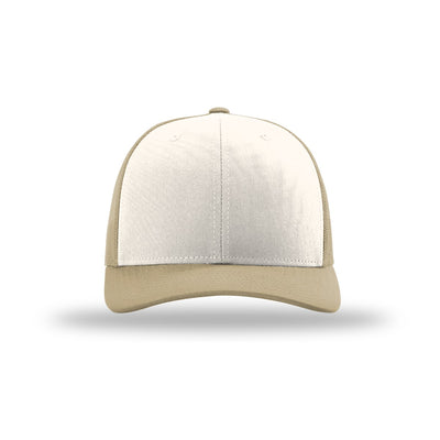 Richardson 112 trucker hat, cream with khaki mesh, front view