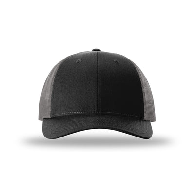 Richardson 115 Low Pro Trucker hat, Black/Charcoal, front view