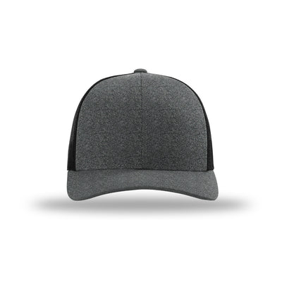 Richardson 115CH Low Pro Heather Trucker hat, Black Heather/Black, front view